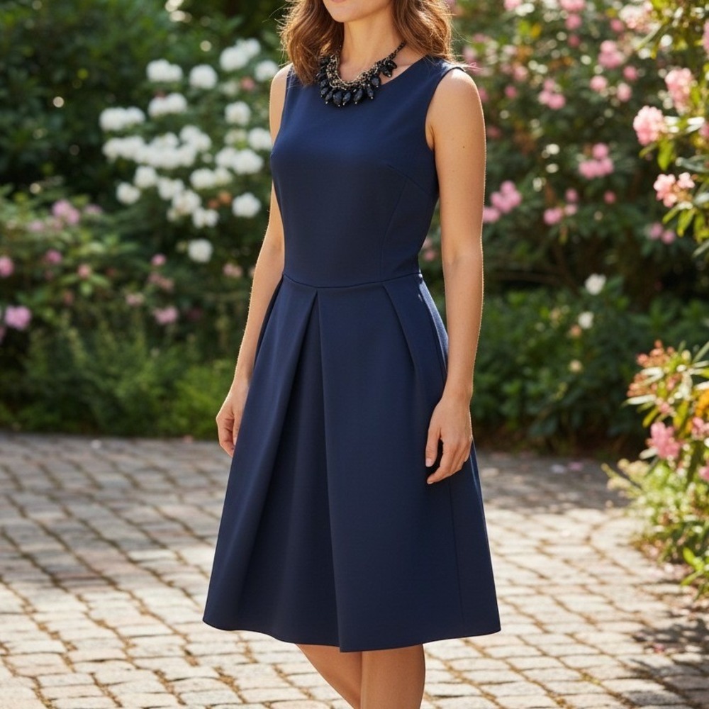 Patrizia Pepe Dress IT 46 US 10 Navy Blue Cotton Blend Pleated Fit Flare 4072